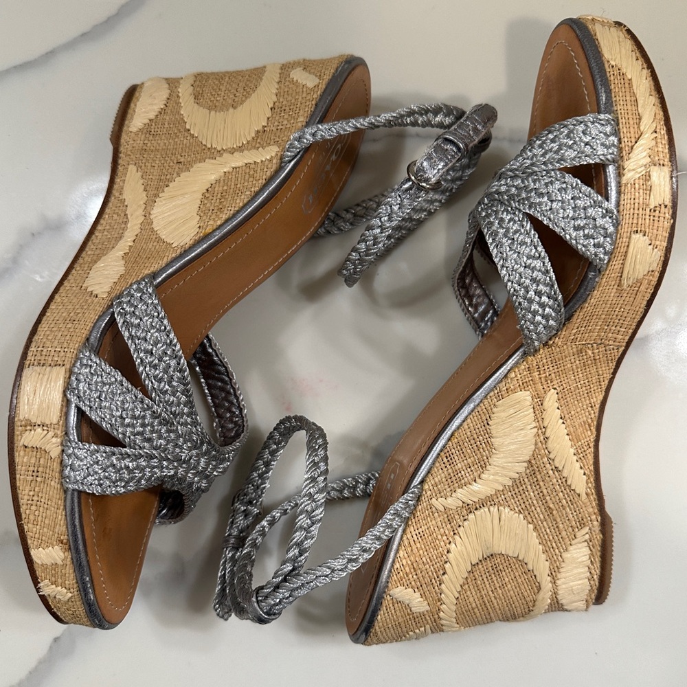 Coach Silver Braided Wedge Ankle Strap Sandal Women’s Size 10